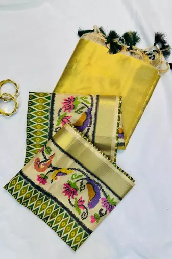 Green Color Printed golden zari border and zari pallu silk saree