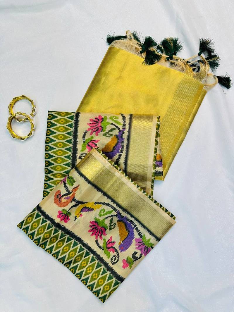 Green Color Printed golden zari border and zari pallu silk saree