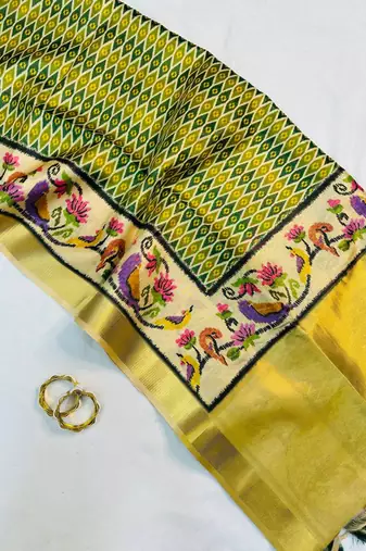 Green Color Printed golden zari border and zari pallu art silk saree