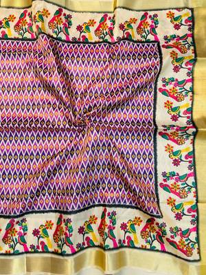 Lavender Color Printed golden zari border and zari pallu art silk saree 2
