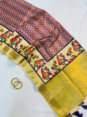 Lavender Color Printed golden zari border and zari pallu art silk saree 3