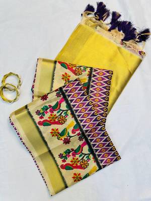 Lavender Color Printed golden zari border and zari pallu art silk saree 1