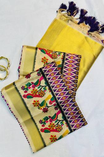 Lavender Color Printed golden zari border and zari pallu silk saree