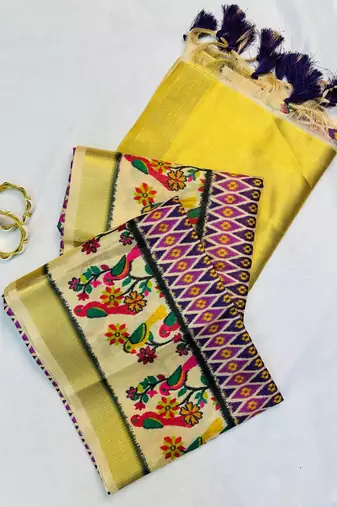 Lavender Color Printed golden zari border and zari pallu silk saree