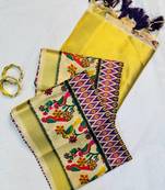 Lavender Color Printed golden zari border and zari pallu art silk saree