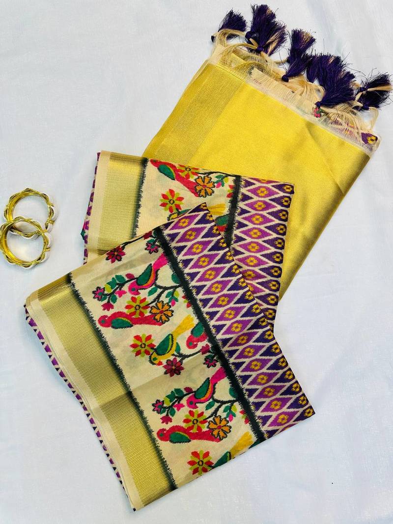 Lavender Color Printed golden zari border and zari pallu silk saree