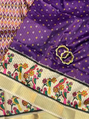 Lavender Color Printed golden zari border and zari pallu art silk saree 4