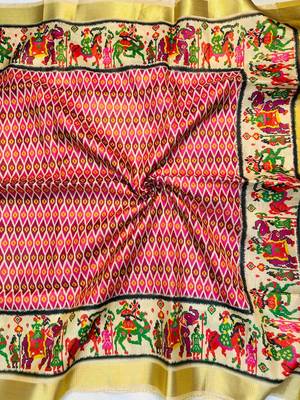 Pink Color Printed golden zari border and zari pallu art silk saree 2