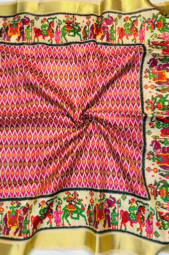 Pink Color Printed golden zari border and zari pallu art silk saree