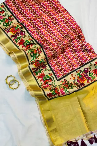 Pink Color Printed golden zari border and zari pallu art silk saree