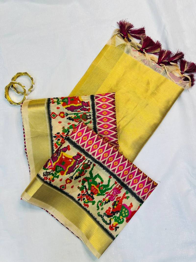 Pink Color Printed golden zari border and zari pallu silk saree