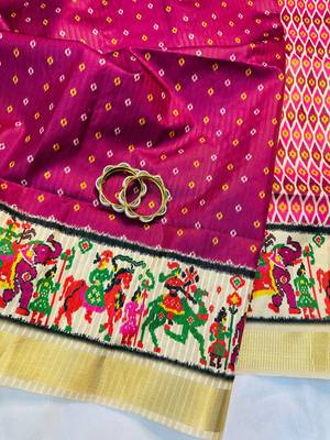 Pink Color Printed golden zari border and zari pallu art silk saree 4