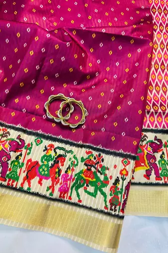 Pink Color Printed golden zari border and zari pallu art silk saree