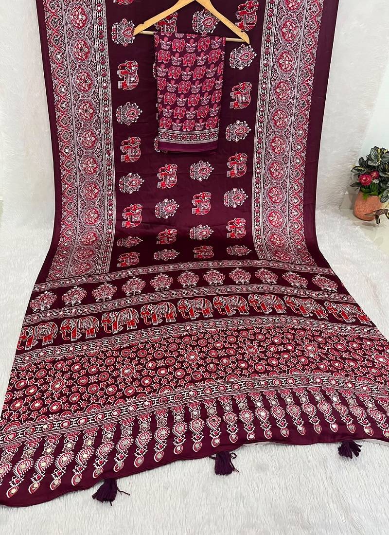 Red Color Zari and mirror work crepe silk Saree