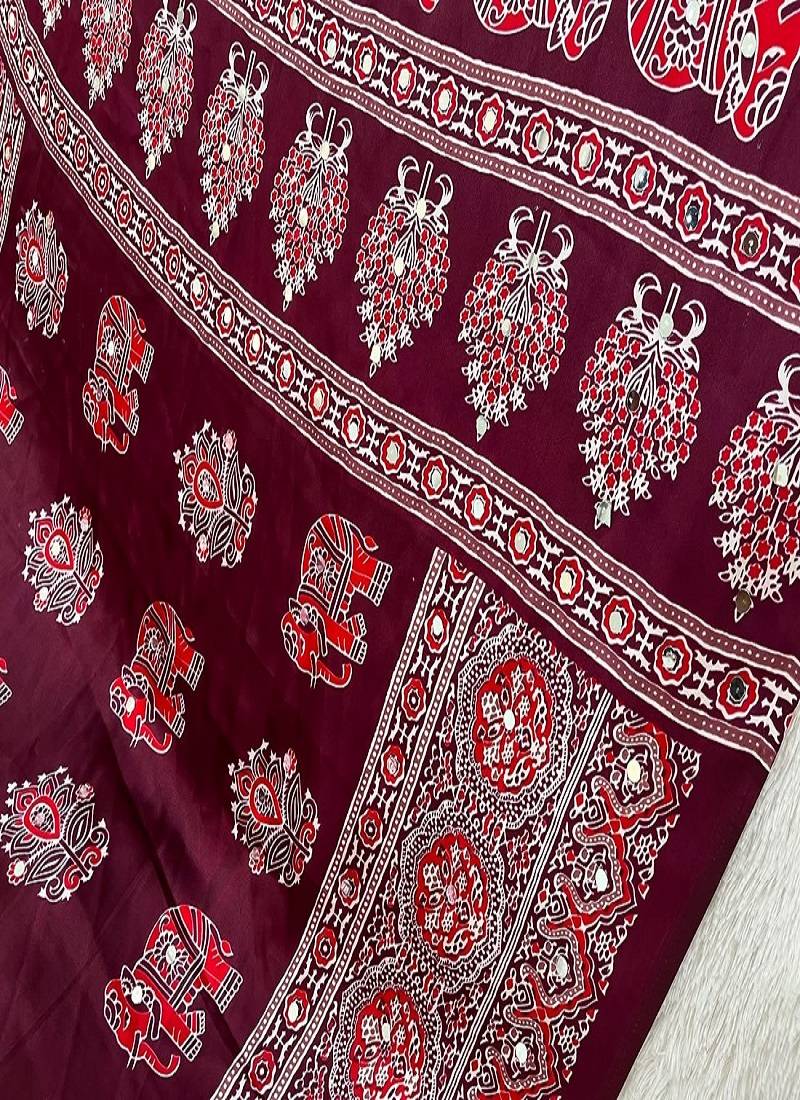 Red Color Zari and mirror work crepe silk Saree
