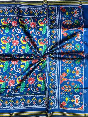 Blue Color Lagadi pallu and decorative tassels Double pichwai print  art silk saree 1