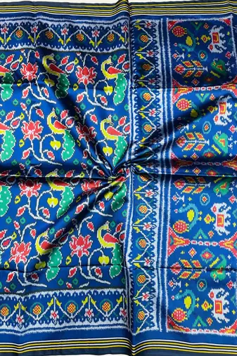 Blue Color Lagadi pallu and decorative tassels Double pichwai print  Silk Saree