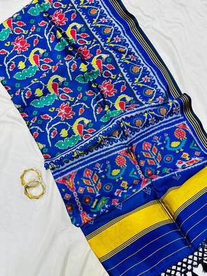Blue Color Lagadi pallu and decorative tassels Double pichwai print  art silk saree 2