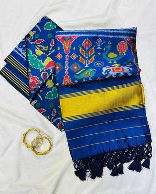 Blue Color Lagadi pallu and decorative tassels Double pichwai print  art silk saree 3