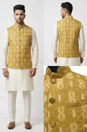 mustard silk blend nehru jacket with sequin work