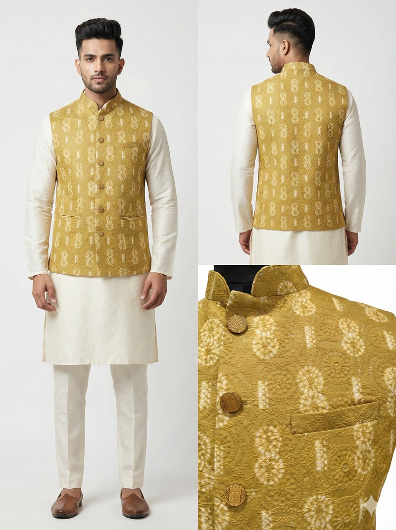Mustard rajputana sunburst nehru jacket/waistcoat/bandhgala