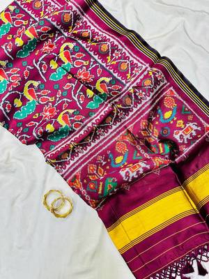 Plum Color Lagadi pallu and decorative tassels Double pichwai print  art silk saree 3