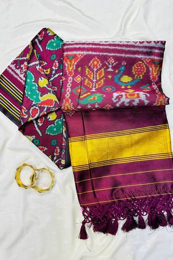 Plum Color Lagadi pallu and decorative tassels Double pichwai print  Silk Saree
