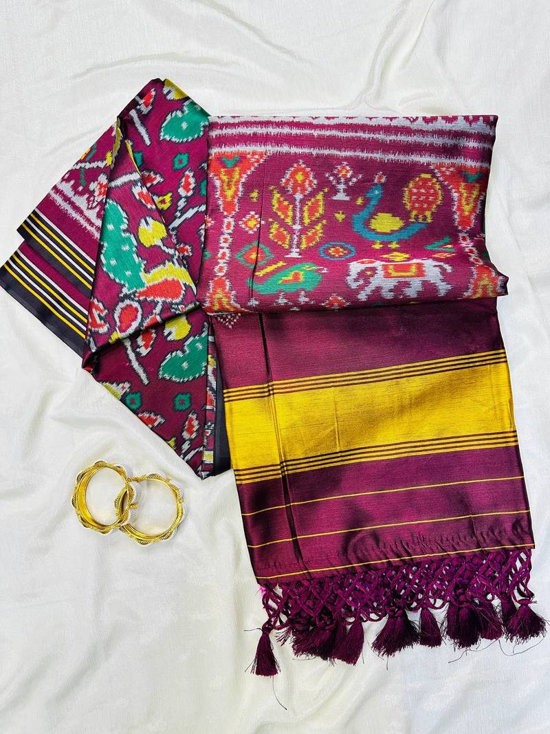 Plum Color Lagadi pallu and decorative tassels Double pichwai print  Silk Saree