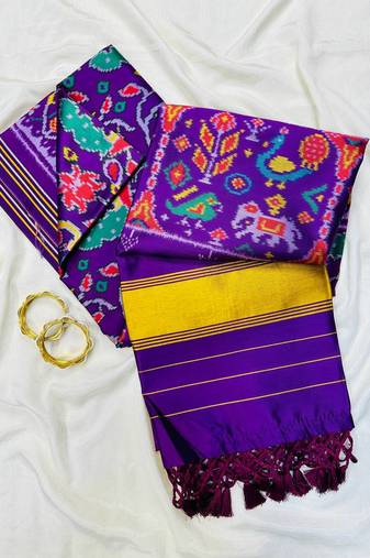 Purple Color Lagadi pallu and decorative tassels Double pichwai print  Silk Saree