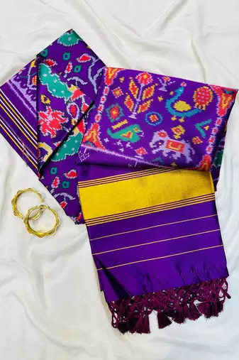 Purple Color Lagadi pallu and decorative tassels Double pichwai print  Silk Saree