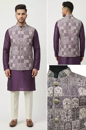lavender tapestry nehru jacket for men