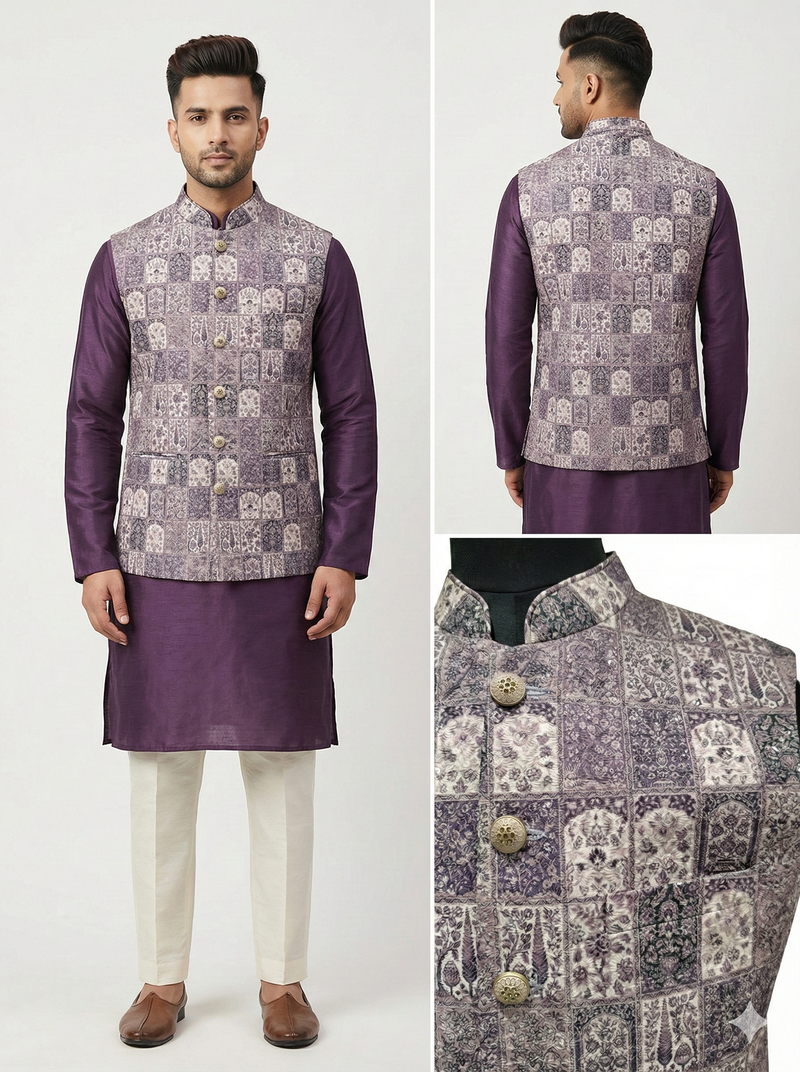 lavender tapestry nehru jacket for men