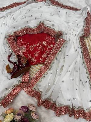 White Color Sequins And Dori Embroidery Real Mirror Work Georgette Saree 3