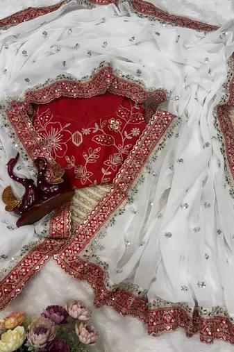 White Color Sequins And Dori Embroidery Real Mirror Work Georgette Saree