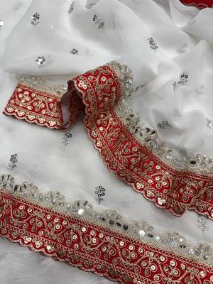 White Color Sequins And Dori Embroidery Real Mirror Work Georgette Saree 5
