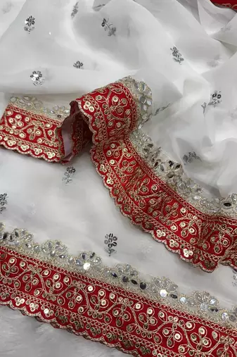 White Color Sequins And Dori Embroidery Real Mirror Work Georgette Saree