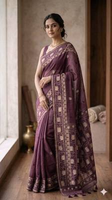 Dark Lavender Color Zari Weaving butti Work Cotton Saree 1