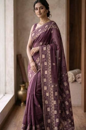 Dark Lavender Color Zari Weaving butti Work Cotton Saree