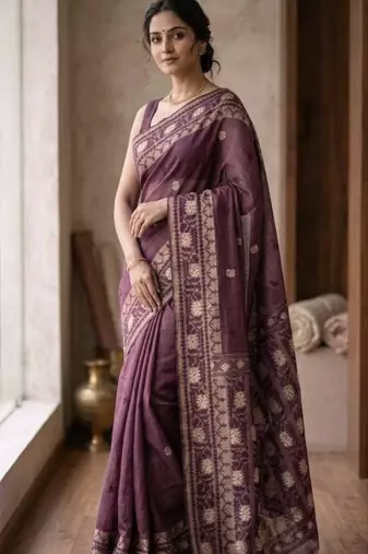Dark Lavender Color Zari Weaving butti Work Cotton Saree