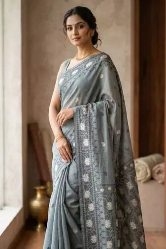 Grey Color Zari Weaving butti Work Cotton Saree