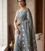 Grey Color Zari Weaving butti Work Cotton Saree
