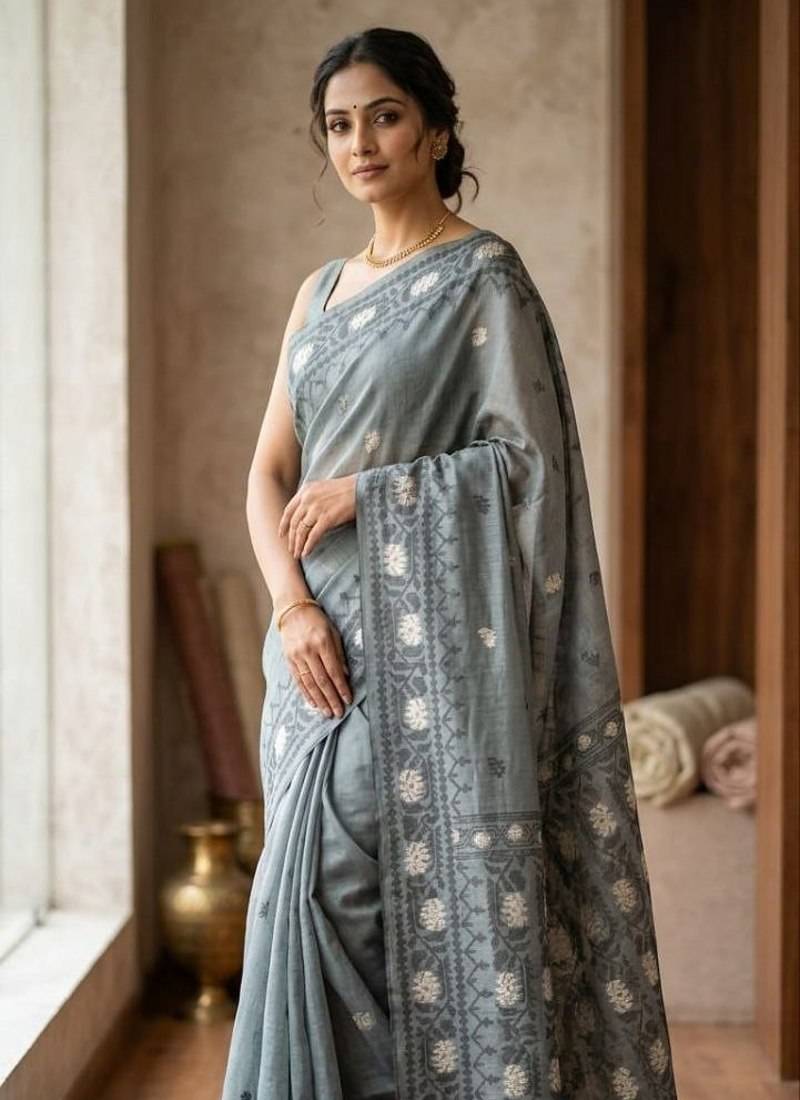 Grey Color Zari Weaving butti Work Cotton Saree