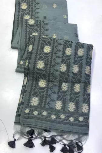Grey Color Zari Weaving butti Work Cotton Saree
