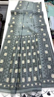 Grey Color Zari Weaving butti Work Cotton Saree 3