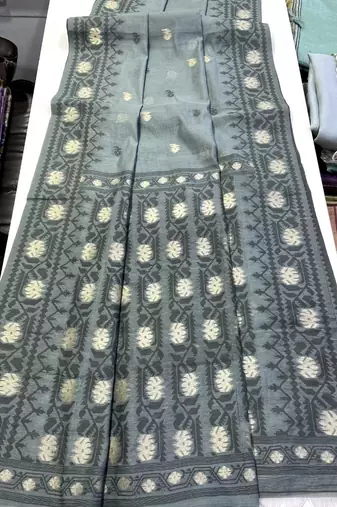 Grey Color Zari Weaving butti Work Cotton Saree