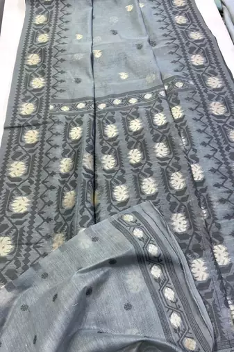 Grey Color Zari Weaving butti Work Cotton Saree