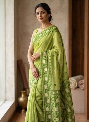 Parrot Green Color Zari Weaving butti Work Cotton Saree 1