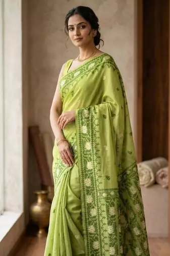 Parrot Green Color Zari Weaving butti Work Cotton Saree