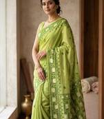 Parrot Green Zari Weaving Butti Work Cotton Saree