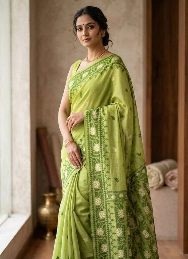 Parrot Green Color Zari Weaving butti Work Cotton Saree